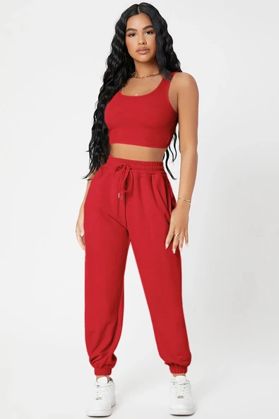 Kadın Kırmızı Kaşkorse Cepli Jogger Eşofman Altı ve Crop Top Bluz ürün görseli 1
