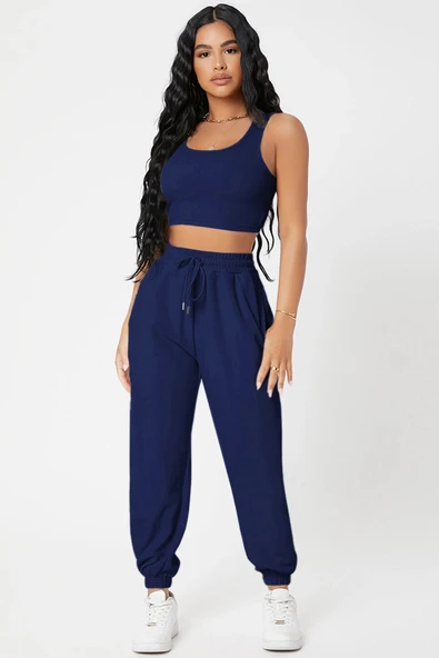 Kadın Lacivert Kaşkorse Cepli Jogger Eşofman Altı ve Crop Top Bluz ürün görseli 1