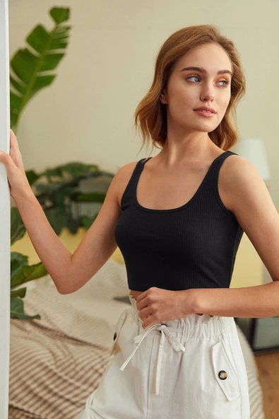 Kadın Siyah Kalın Askılı Crop Top Büstiyer - Resim 7