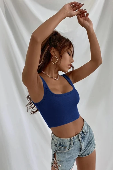 Kadın Lacivert Kalın Askılı Crop Top Büstiyer - Resim 3