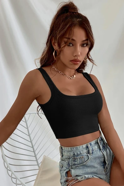 Kadın Siyah Kalın Askılı Crop Top Büstiyer - Resim 6