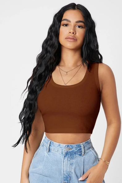 Kadın Kahverengi Kare Yaka Crop Top Bluz ürün görseli 1