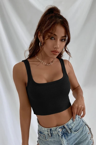 Kadın Siyah Kalın Askılı Crop Top Büstiyer ürün görseli 1
