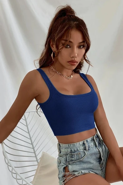 Kadın Lacivert Kalın Askılı Crop Top Büstiyer - Resim 7