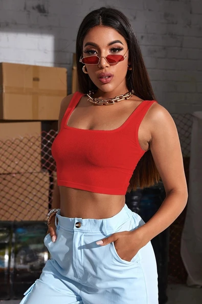 Kadın Kırmızı Kalın Askılı Crop Top Büstiyer ürün görseli 1