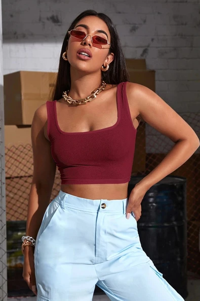 Kadın Bordo Kalın Askılı Crop Top Büstiyer ürün görseli 1