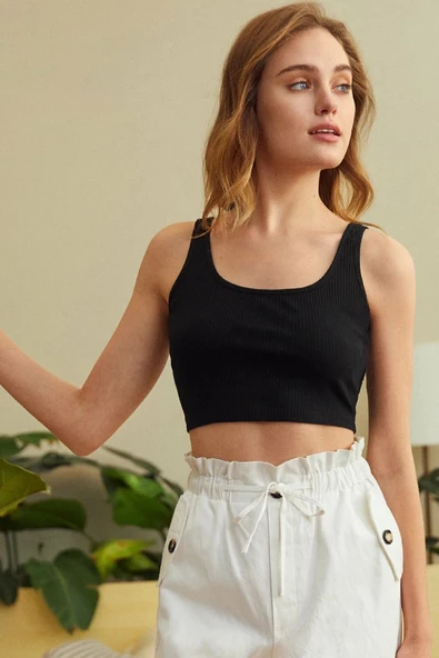 Kadın Siyah Kalın Askılı Crop Top Büstiyer - Resim 10