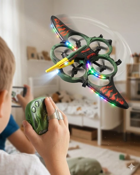 Uzaktan Elde Özel Kumandalı Uçak Dinozor Dron | 2.4Ghz 360 Derece Dönebilen | LED Işıklı | Otomatik İniş Kalkış ürün görseli 1
