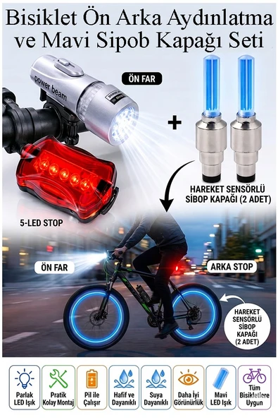 Led Işıklı Bisiklet Ön Far Arka Stop Aydınlatma Işığı ve Mavi Sipob Kapağı Haraketli Fotosel Sensörlü ürün görseli 1