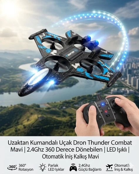 Uzaktan Kumandalı Uçak Dron Thunder Combat Mavi | 2.4Ghz 360 Derece Dönebilen | LED Işıklı | Otomatik İniş Kalkış Mavi ürün görseli 1
