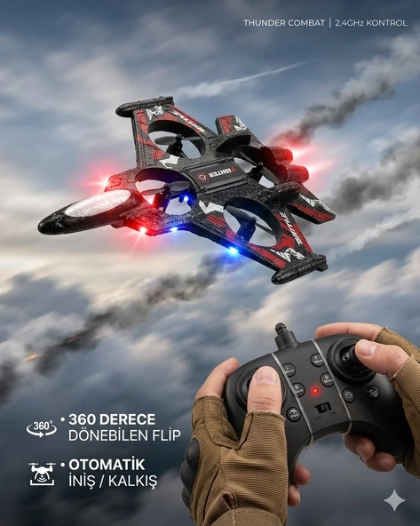 Uzaktan Kumandalı Uçak Dron Thunder Combat Kırmızı | 2.4Ghz 360 Derece Dönebilen | LED Işıklı | Otomatik İniş Kalkış Özellikli Kırmızı ürün görseli 1