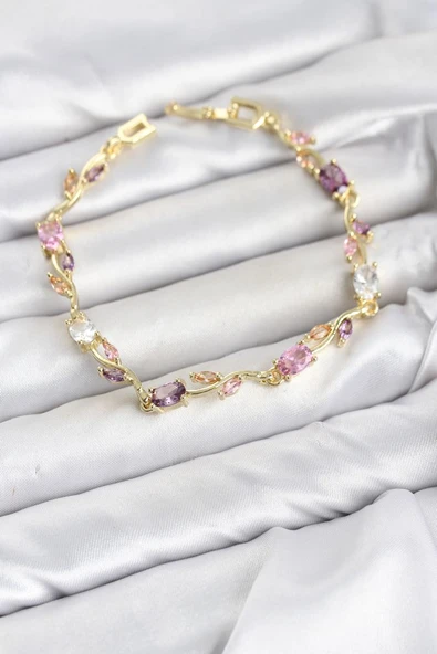 Pirinç Gold Renk Pembe ve Mor Zirkon Taşlı Çiçek Model Kadın Bileklik TJ-BB8585 ürün görseli 1