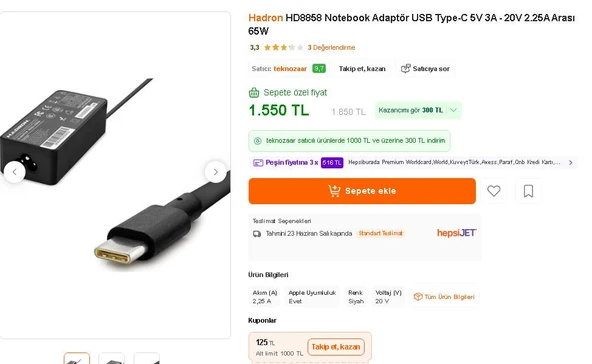 HADRON HD8858 Laptop Adaptörü 65W 20V 3.25A Type-C Siyah 2EL KULLANILMIŞ ürün görseli 1