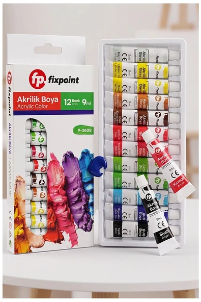 Akrilik Boya 12 Renk 9ml Tüp 1 Adet Fixpoint P-3608 12 li Akrilik Boya Resim Dersi Tuval Ahşap Taş Boya Seti ürün görseli 1