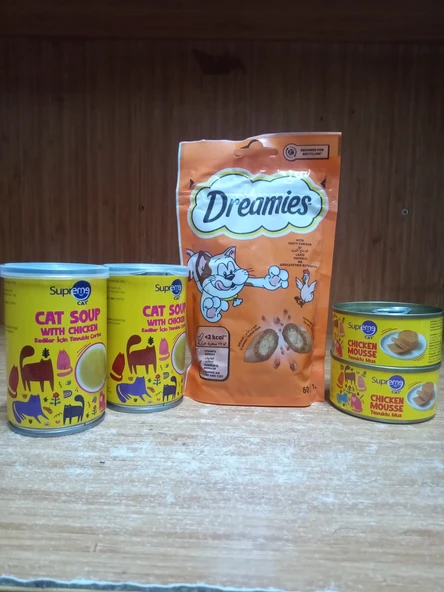 Dreamies Tavuklu Kedi Ödül Mama 60 G+2 ADET TAVUKLU KEDİ PÜRE KONSERVE 85 GRAM+2 ADET TAVUKLU KEDİ ÇORBASI 2 ADET ürün görseli 1
