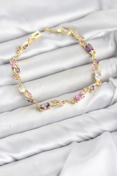 Pirinç Gold Renk Pembe ve Mor Zirkon Taşlı Çiçek Model Kadın Bileklik ürün görseli 1