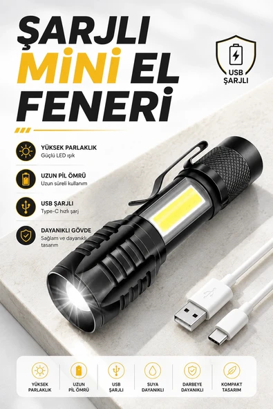 El Feneri Led USB Şarjlı Zoom Mini Led Işık Acil Durum Feneri ürün görseli 1