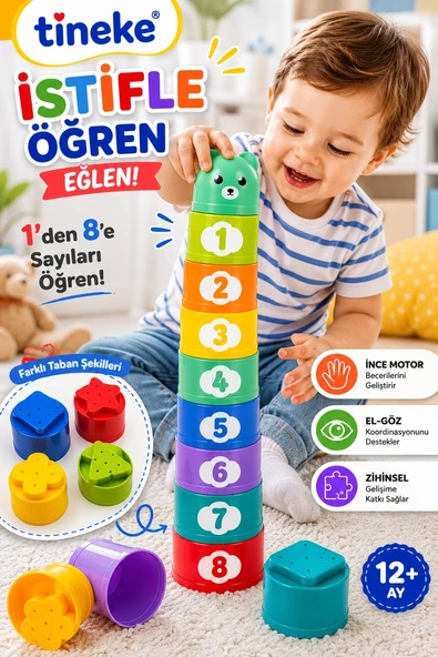 TİNEKE Bebekler İçin Sayı İstiflenebilir Bardak Oyuncağı 9 Parça Eğitici Denge ve Sıralama Oyunu ürün görseli 1