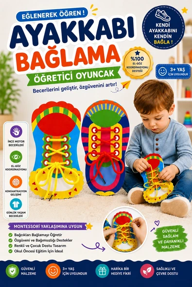 Tineke Montessori Ayakkabı Bağlama Eğitici Oyuncak İnce Motor Beceri Geliştirici Erkek ve Kız 3+ Yaş Çocuklar İçin 2 li ürün görseli 1