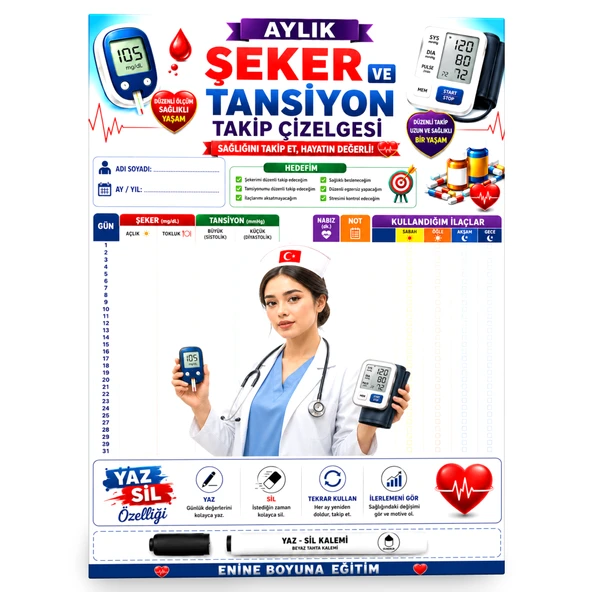 ŞEKER VE TANSİYON TAKİP ÇİZELGESİ  YAZ-SİL DEFTERİ ürün görseli 1