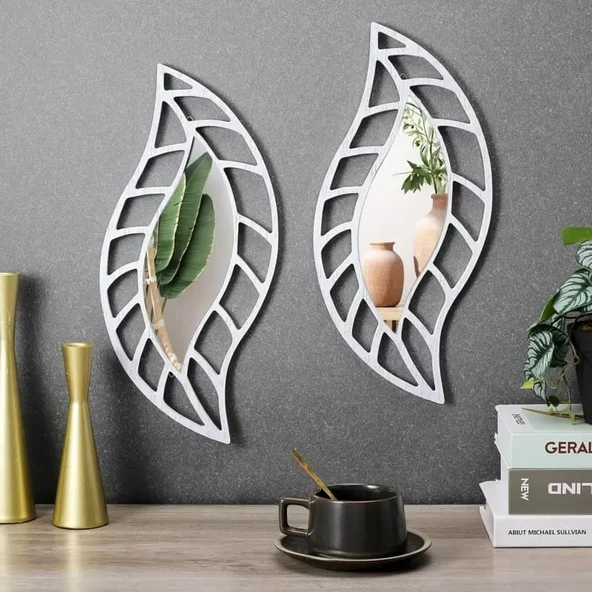 2'li Set Kırılmaz Pleksi Dekoratif Duvar Aynası - 20x35 cm Yaprak Formlu 1. Sınıf Akrilik Ayna ürün görseli 1