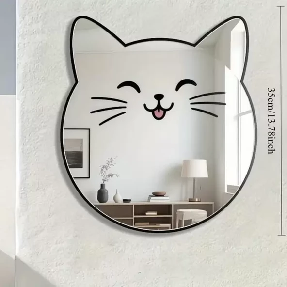 Kırılmaz Pleksi Gülen Kedi Duvar Aynası - 35x35 cm Çocuk ve Bebek Odası Dekoratif Ayna ürün görseli 1