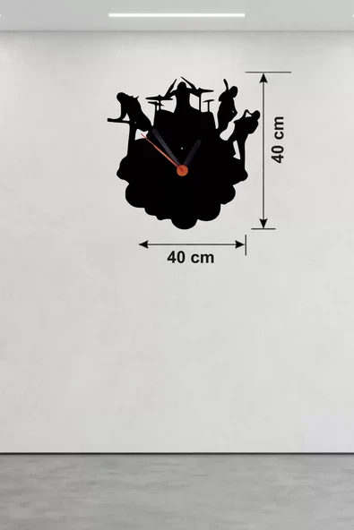 Rock Band ve Müzik Temalı Ahşap Duvar Saati - 40x40 cm Lazer Kesim ürün görseli 1