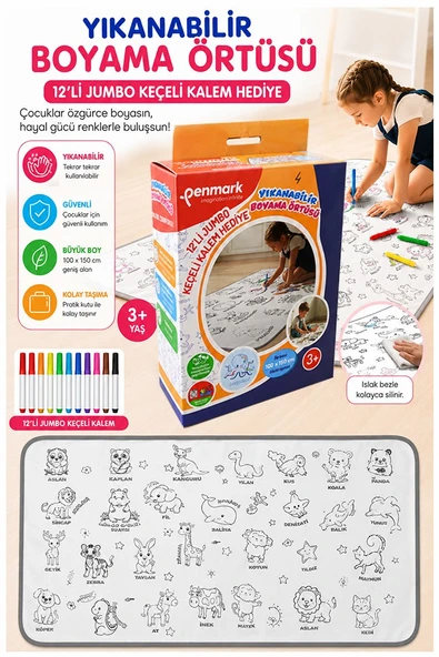 Boyama Örtüsü Yıkanabilir 100x15 cm 1 Paket 12 Renk Jumbo Keçeli Kalem Penmark Sevinli Hayvanlar Boyama ürün görseli 1