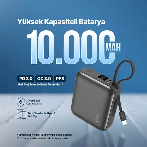 2BB232GR ttec ReCharger Mini LCD 10.000mAh PD 35W USB-C Dahili Kablolu Taşınabilir Hızlı Şarj Aleti/Powerbank - 2BB232GR ürün görseli 1
