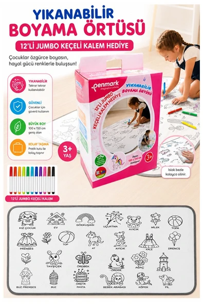 Boyama Örtüsü Yıkanabilir Kız Modeli 100x15 cm 1 Paket 12 Renk Jumbo Keçeli Kalem Penmark Sevinli Hayvanlar Boyama ürün görseli 1