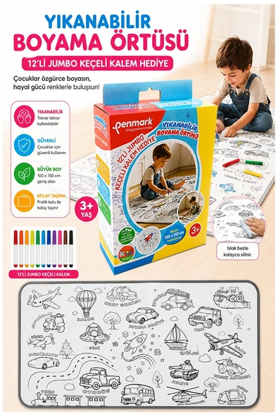 Boyama Örtüsü Yıkanabilir Taşıtlar 100x15 cm 1 Paket 12 Renk Jumbo Keçeli Kalem Penmark Sevinli Hayvanlar Boyama ürün görseli 1