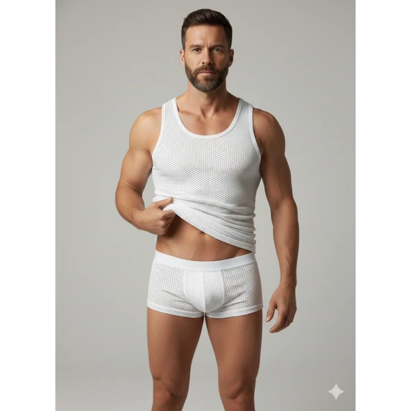 Erkek Beyaz File Tank Top Boxer Takımı ürün görseli 1