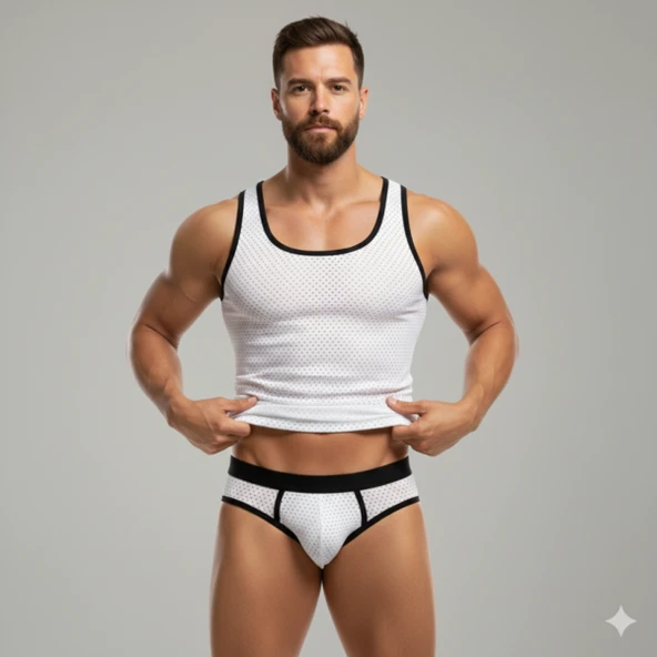 Beyaz Delikli Kumaş Tank Top Slip Takımı - Resim 3