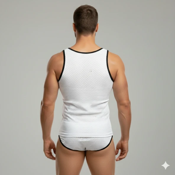 Beyaz Delikli Kumaş Tank Top Slip Takımı - Resim 4