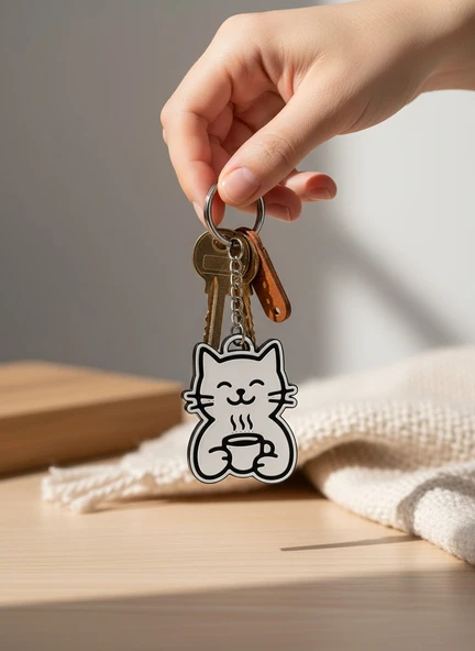Kahve İçen Kedi Figürlü Anahtarlık ürün görseli 1