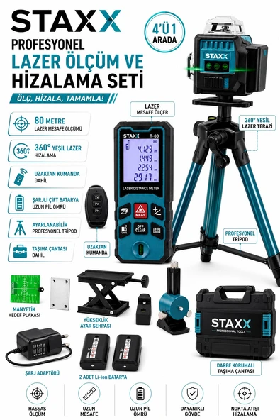 Şarjlı Lazer Mesafe Ölçer 80M Lazer  + 360 Derece Yeşil Lazer Hizalama Cihazı Profesyonel Set ürün görseli 1