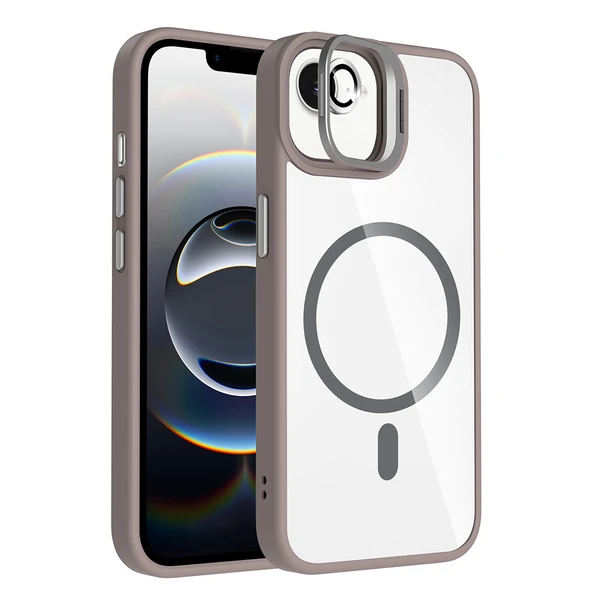 ZenithWorks iPhone 17E Kılıf Standlı ve Kamera Lens Hediyeli M-Safe Şarj Özellikli ZNTH Etro Kapak - Gri ürün görseli 1