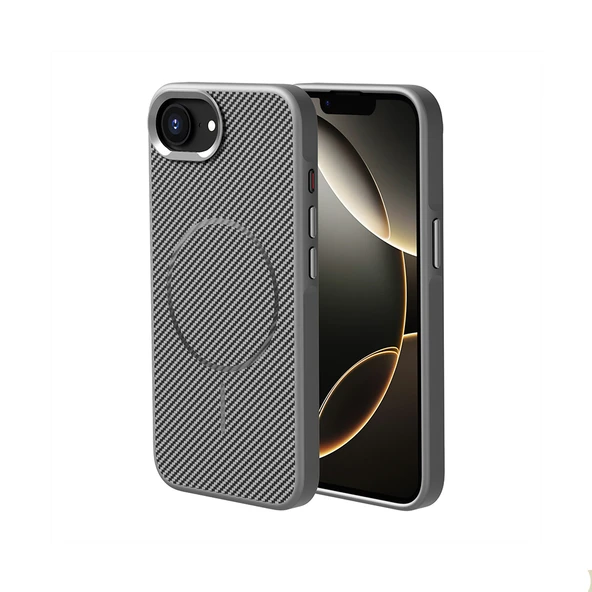 ZenithWorks iPhone 17E Kılıf M-safe Şarj Özellikli Karbon Fiber Görünümlü ZNTH Troy Kapak - Gri ürün görseli 1