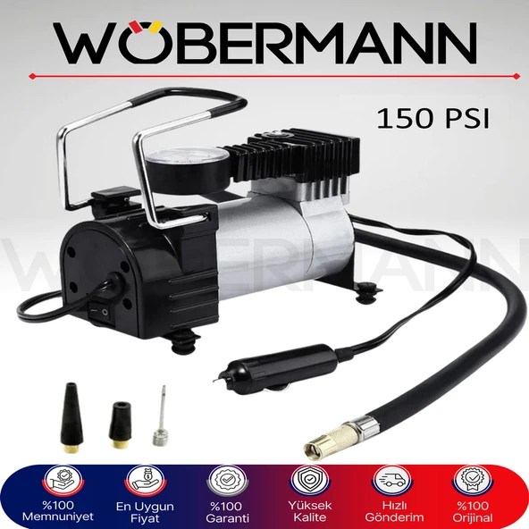 Wöbermann 150 PSI Metal Gövdeli Hava Kompresörü Taşınabilir Oto Lastik Şişirme Pompası 12V Çakmak Girişli ürün görseli 1