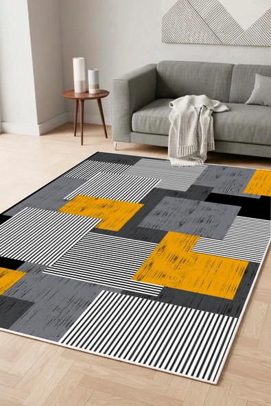 Sarı Gri Geometrik Desen Dijital Baskılı Yıkanabilir Kaymaz Taban Modern Salon Halısı Yolluk ürün görseli 1