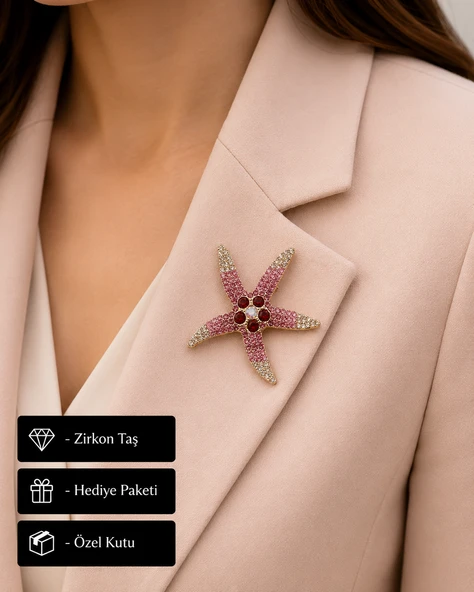 Pembe Kristal Deniz Yıldızı Kadın Broşu | Zarif Taşlı Şık Hediye Premium ürün görseli 1