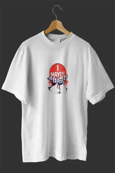 1 Mayıs Emek ve Dayanışma Günü Baskılı Oversize Bisiklet Yaka T-shirt - Beyaz ürün görseli 1