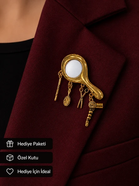 Kuaför Temalı Altın Renk Kadın Broşu | Şık Tasarım Hediye Aksesuar ürün görseli 1