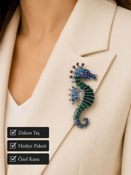 Zirkon Taşlı Denizatı Kadın Broşu – Premium Renkli Kristal Taşlı Şık Hediye ürün görseli 1