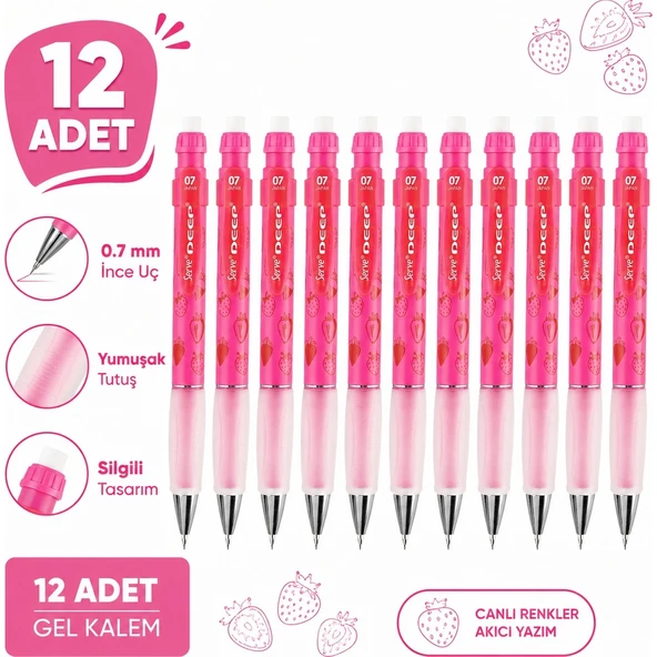 Deep Versatil Kalem 0.7 mm Fosforlu Pembe Çilek 12'li Paket ürün görseli 1