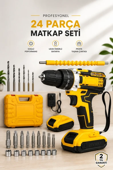24 Parça Çift Bataryalı Şarjlı Matkap Seti 24W Motor ve Otomatik Mil Kilitli Tasarım ürün görseli 1