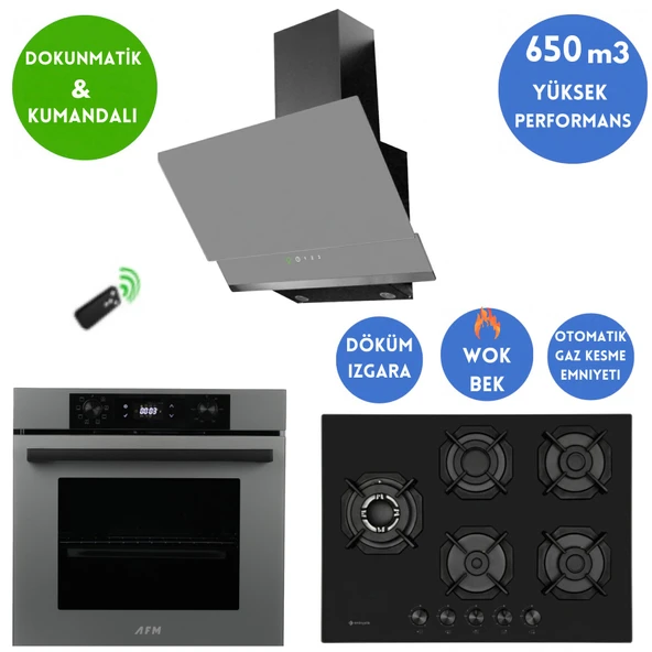 Eminçelik ve AFM TECH Marka/ MRA 1'WOK Antrasit-Gri Ankastre Set ( 22 385 Y Siyah+ FM7710 +FM3409) ürün görseli 1