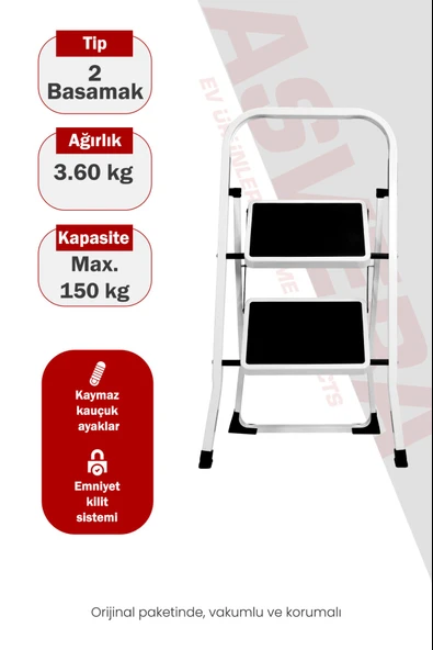 ASVERA Space 2 Basamaklı Ev Tipi Metal Merdiven - Katlanır Geniş Kaymaz Mutfak ve Ev Merdiveni Slim ürün görseli 1