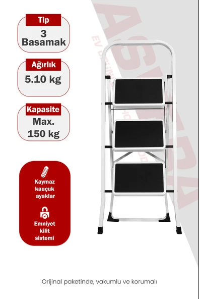 ASVERA Space 3 Basamaklı Ev Tipi Metal Merdiven - Katlanır Geniş Kaymaz Mutfak ve Ev Merdiveni Slim ürün görseli 1