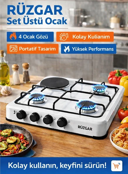RÜZGAR Set Üstü Ocak – 4 Gözlü (1 Taşlı) Beyaz ürün görseli 1